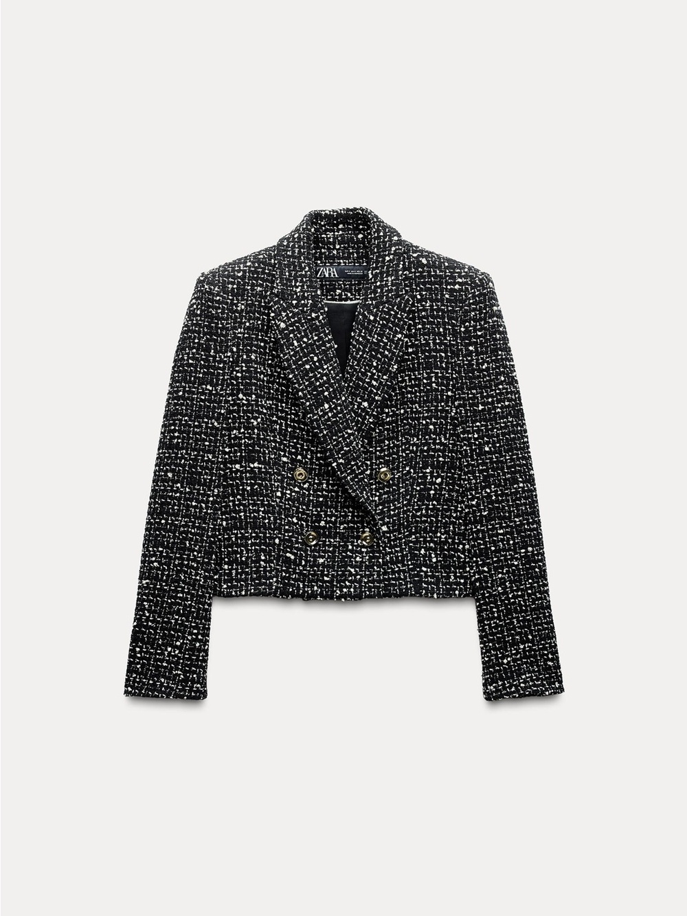 Zara Black & White Tweed Cropped Double-Breasted Blazer